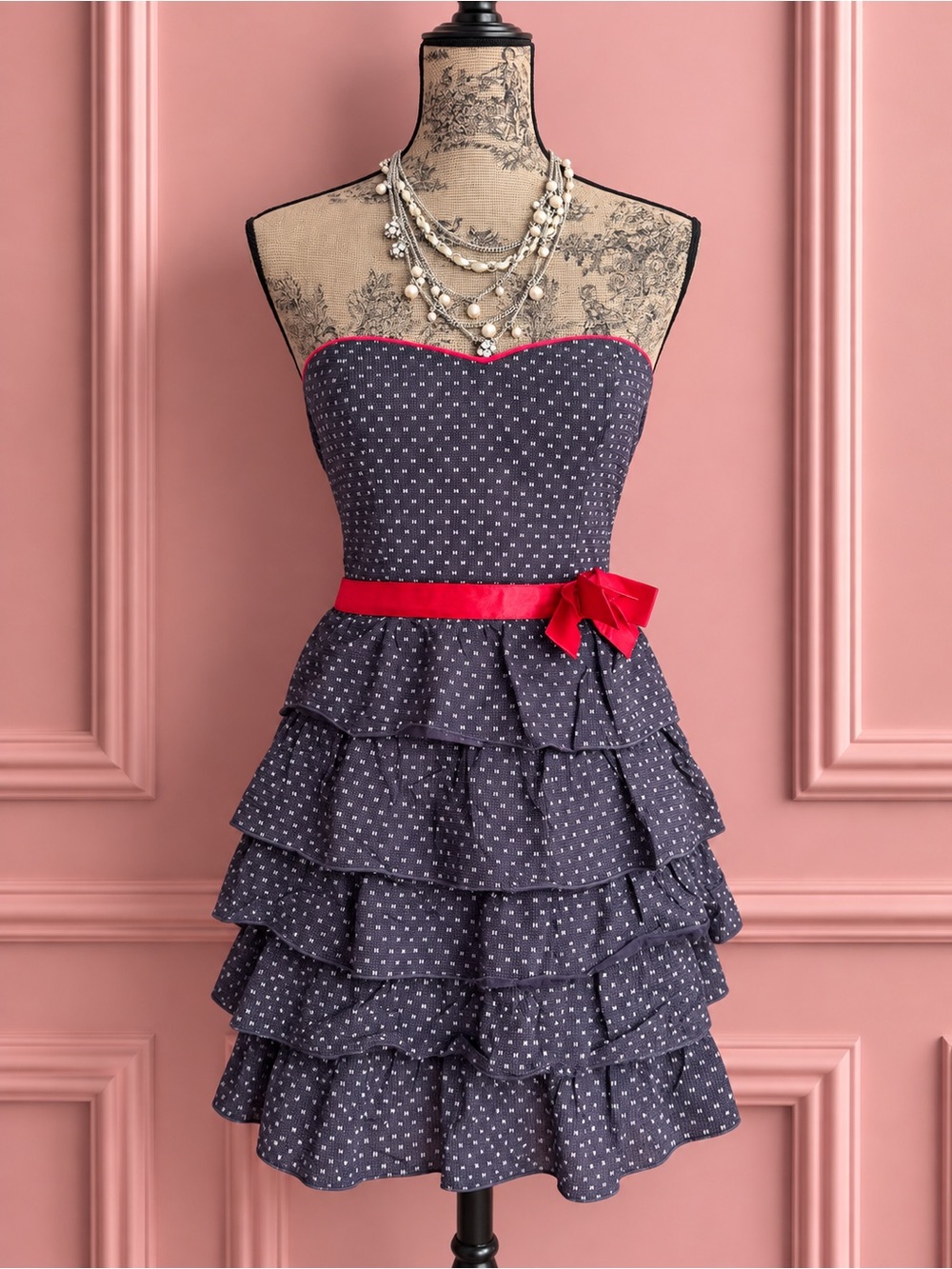 Y2K Forever 21 Blue Strapless Polka Dot Tiered Ruffle Mini Dress with Red Bow